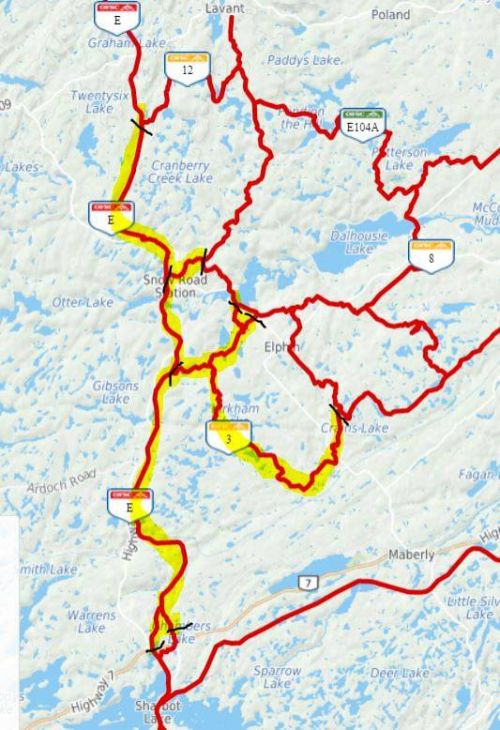 Trails highlghted in yellow are no longer availalble for use by the snowmobile club in North and Central Frontenac.